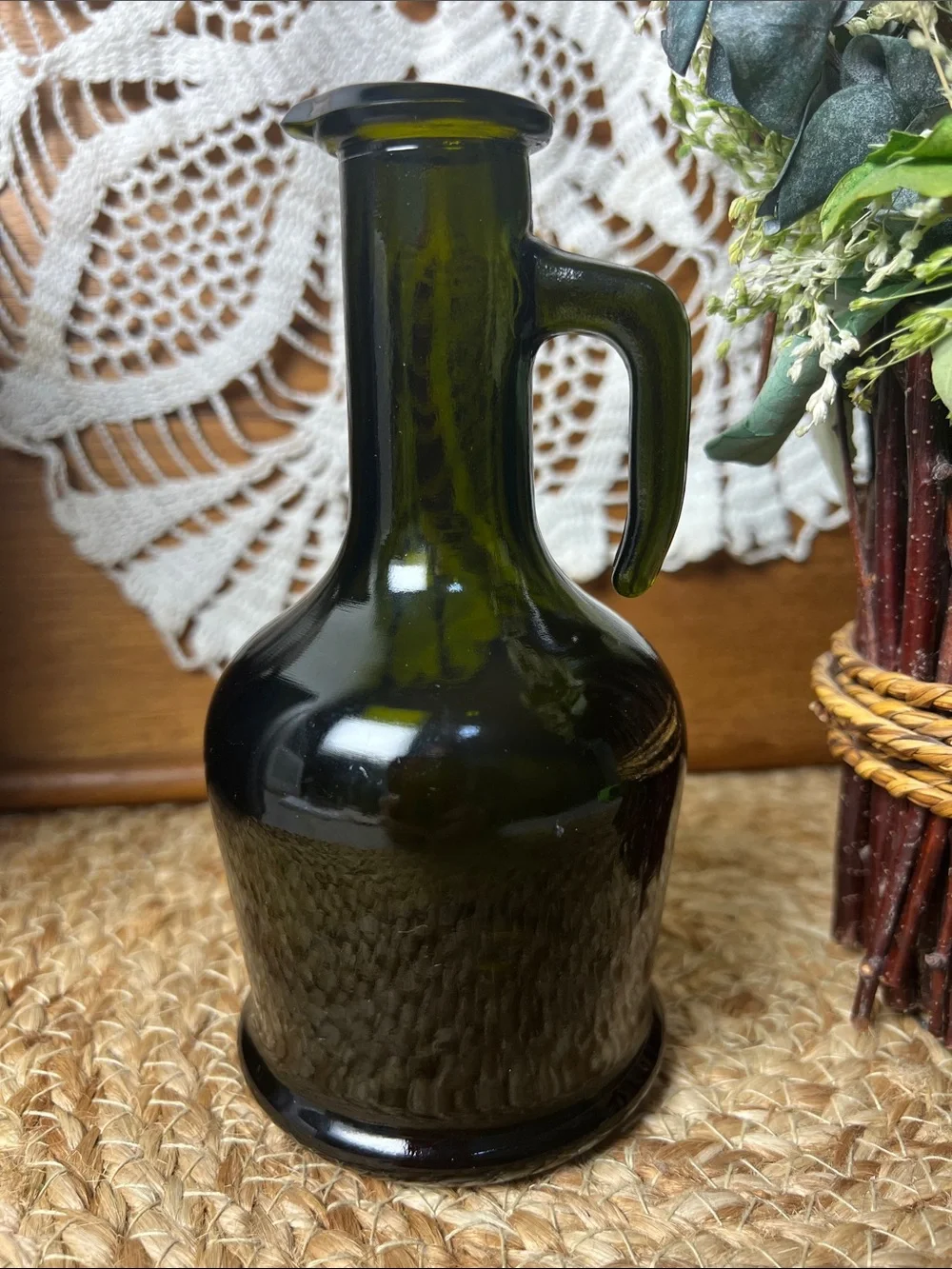 Vintage Vetro Brev Olive Green Glass Cruet Pitcher Italy Style MCM